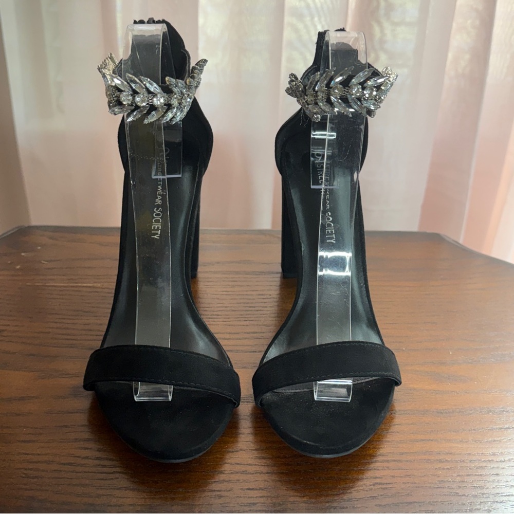 Black Rhinestone Ankle Strap Block Heels Faux Suede Streetwear Society Size 9
